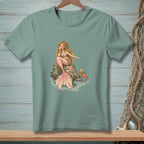 Mermaid sitting on rocks with a crab, printed on a t-shirt.