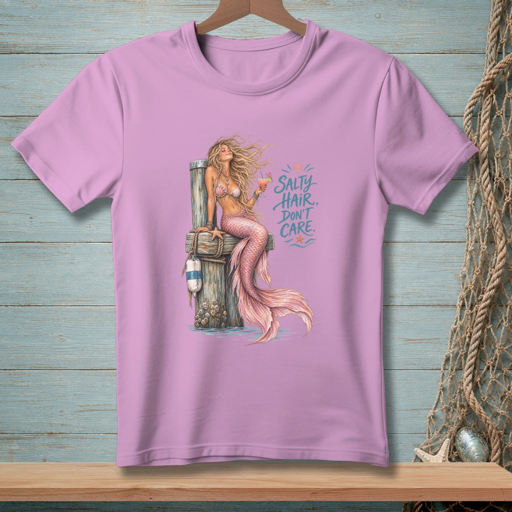 Lavender t-shirt with mermaid and text "Salty Hair, Don't Care".