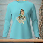 Long-sleeve teal shirt featuring a seated mermaid with a colorful tail and flower in her hair.