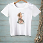 A white short-sleeved t-shirt hangs on a wooden hanger against a blue wood background, featuring a mermaid graphic with the text Hard Pass.
