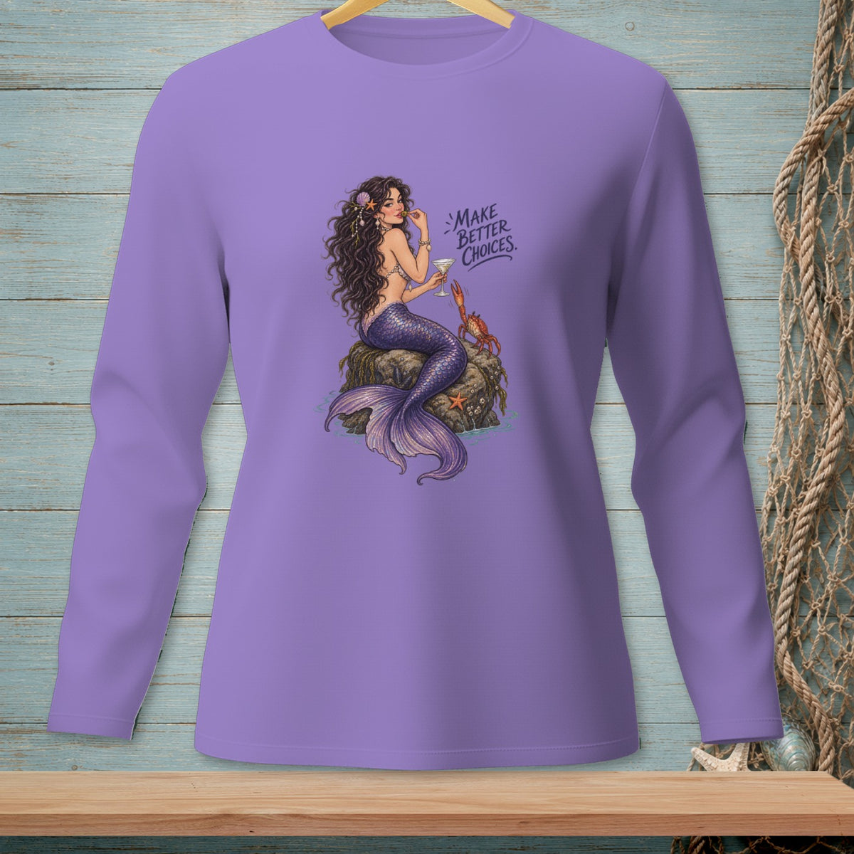 Lavender long-sleeve shirt with mermaid graphic and text "Make Better Choices."
