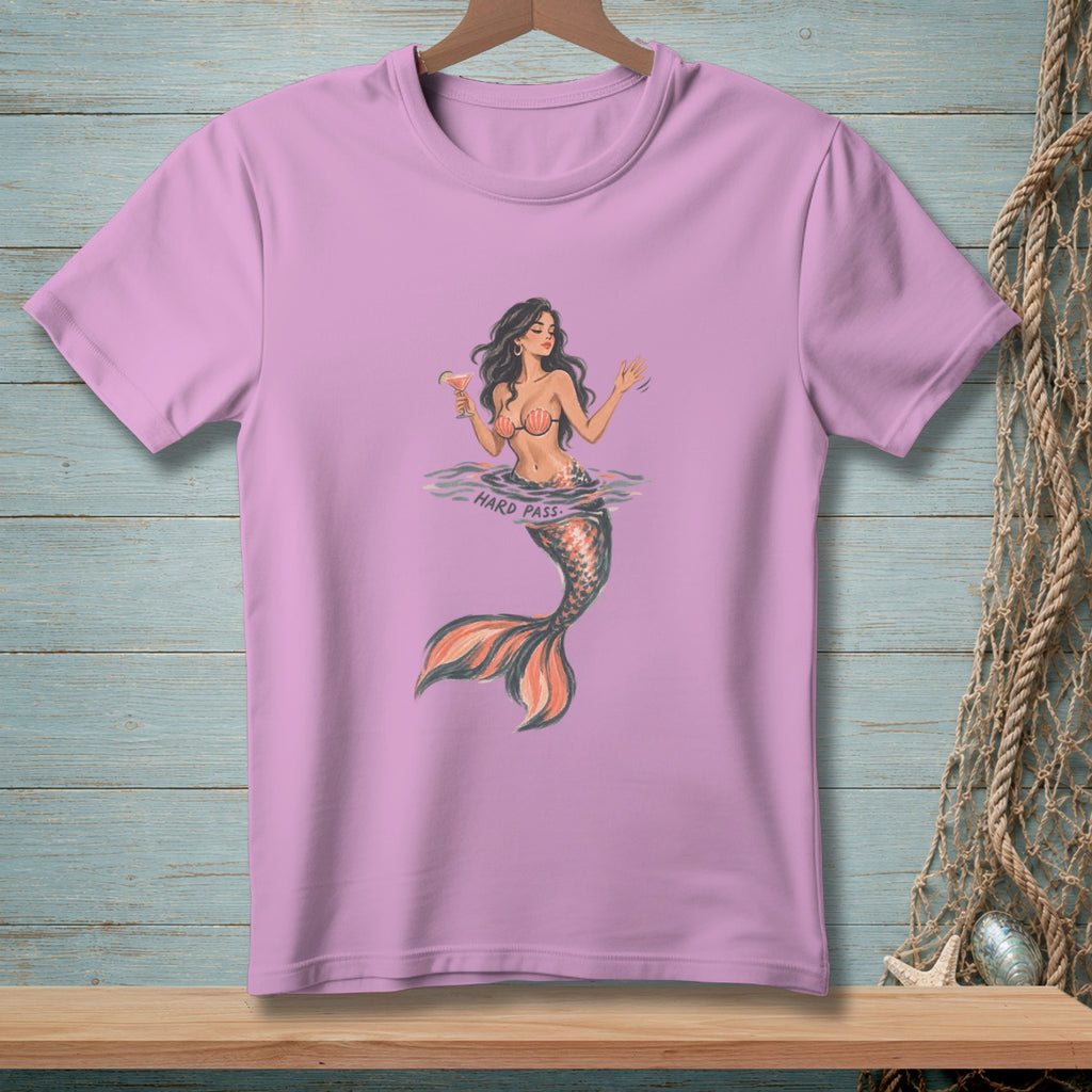 Lilac t-shirt with a mermaid holding a cocktail and the text "HARD PASS".