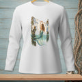 Mermaid hanging laundry on a clothesline by wooden posts and a seagull.