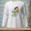 White long-sleeve shirt with a detailed illustration of a mermaid and pufferfish.