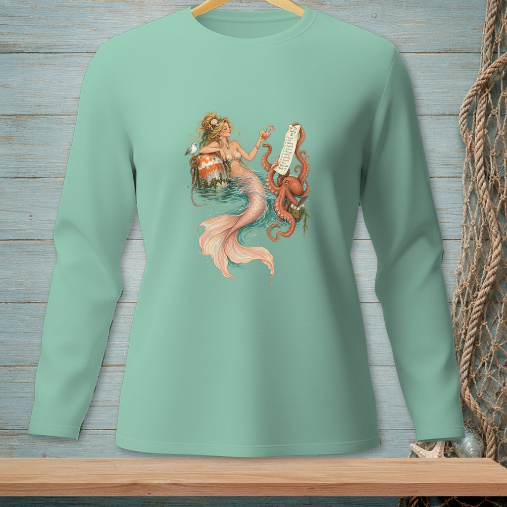 Mermaid with octopus and drink, text list, and seagull on buoys.
