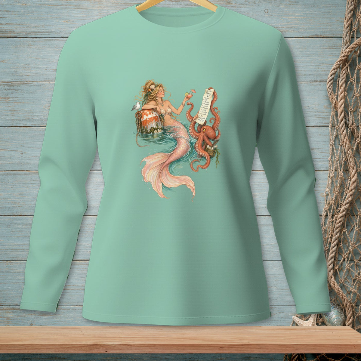 Mermaid with octopus and drink, text list, and seagull on buoys.