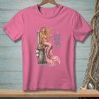 Pink t-shirt with a mermaid and the text "Salty Hair, Don't Care".