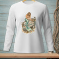 Long sleeve white shirt with a mermaid sitting on an old boat filled with shells.