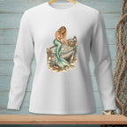 Long sleeve white shirt with a mermaid sitting on an old boat filled with shells.