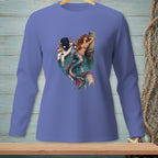 Mermaid with bottle of champagne leans on wooden post near boat.