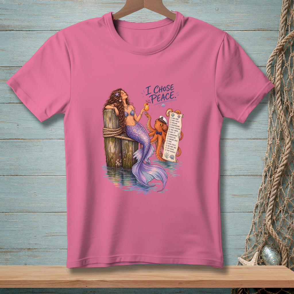 Pink t-shirt with mermaid and octopus holding a "I chose peace" list.