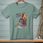 Mermaid on rock with text "Talk to the Tail" and a crab.