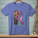 Purple t-shirt with a mermaid, lobster, and text "The Tail Has Spoken".