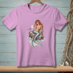 Illustration of a mermaid sitting on a rock with a seagull.