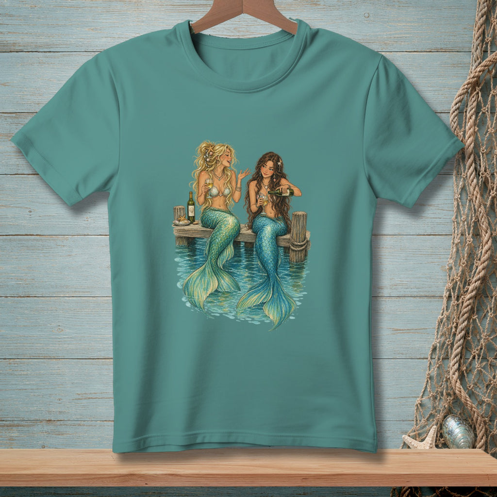 Two mermaids with blue and green tails sit on a dock, drinking from wine glasses.