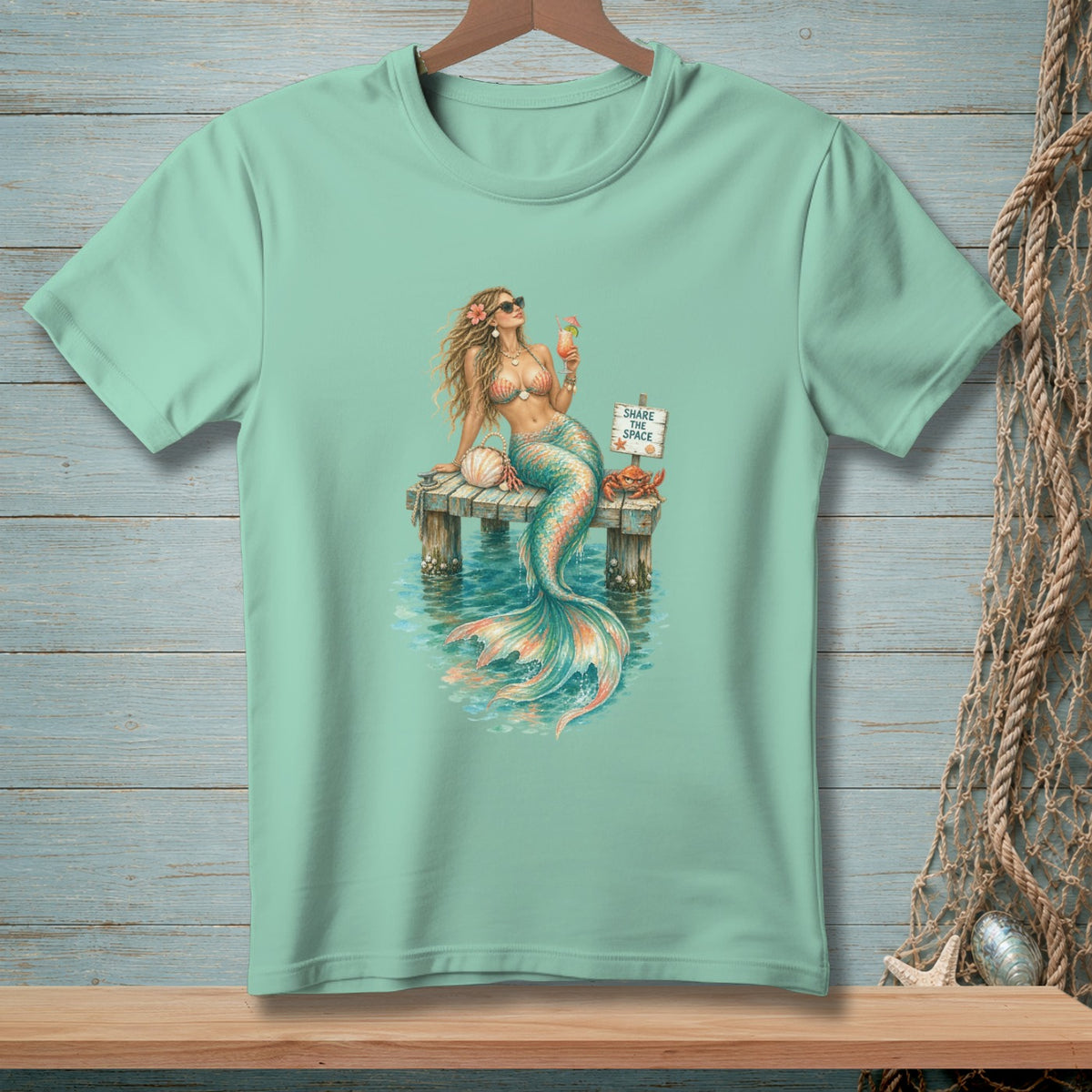Mermaid with drink and "Share the Space" sign on a dock, printed on a mint green t-shirt.
