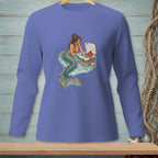 Mermaid by cooler with lobster and drinks in ocean waves.