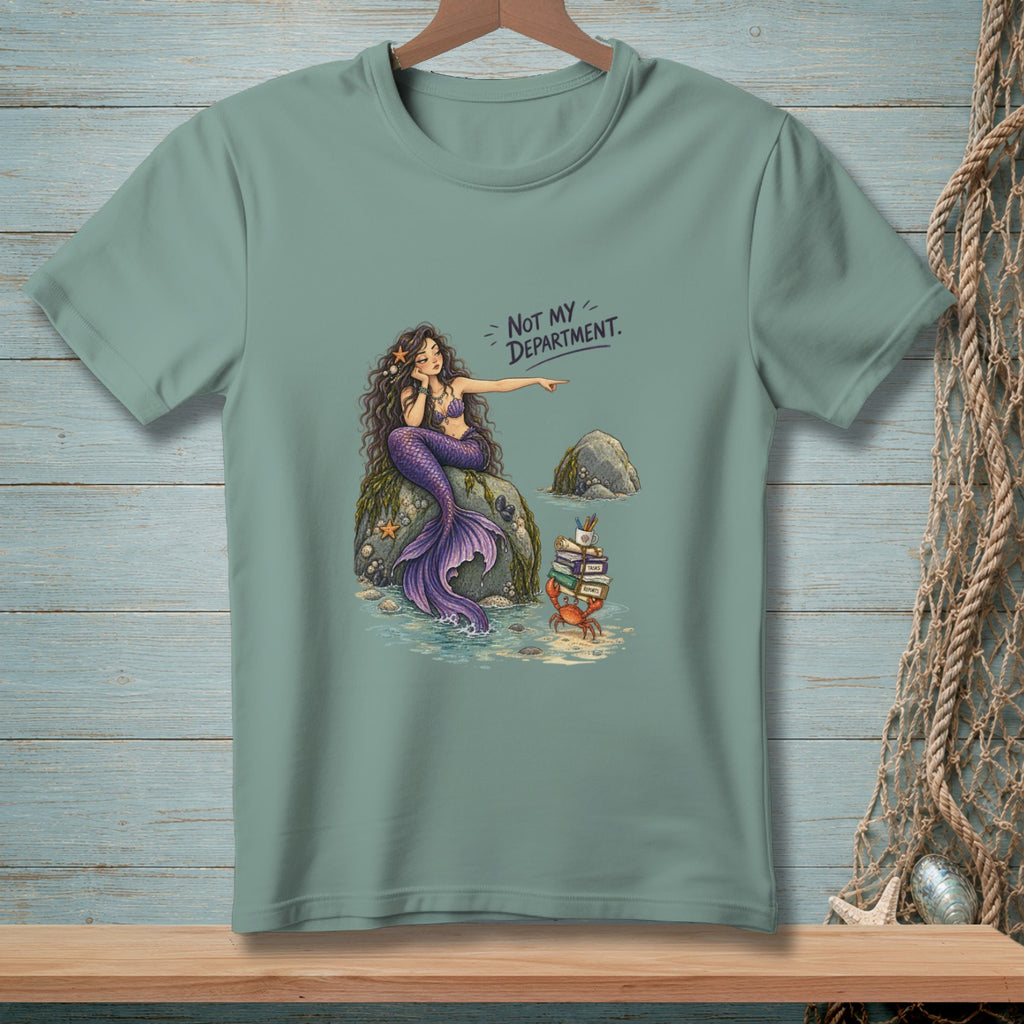 Mermaid pointing at crab with books, text reads "Not My Department."