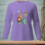 Purple long-sleeve shirt with a mermaid, buoy, seagull, and island with lighthouse graphic.