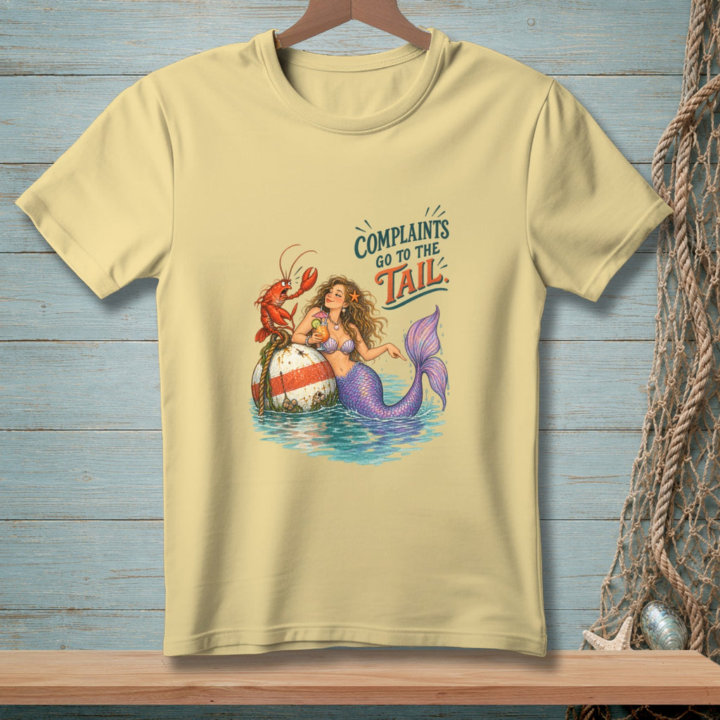 Mermaid with lobster on buoy, "Complaints Go to the Tail" text on light yellow t-shirt.