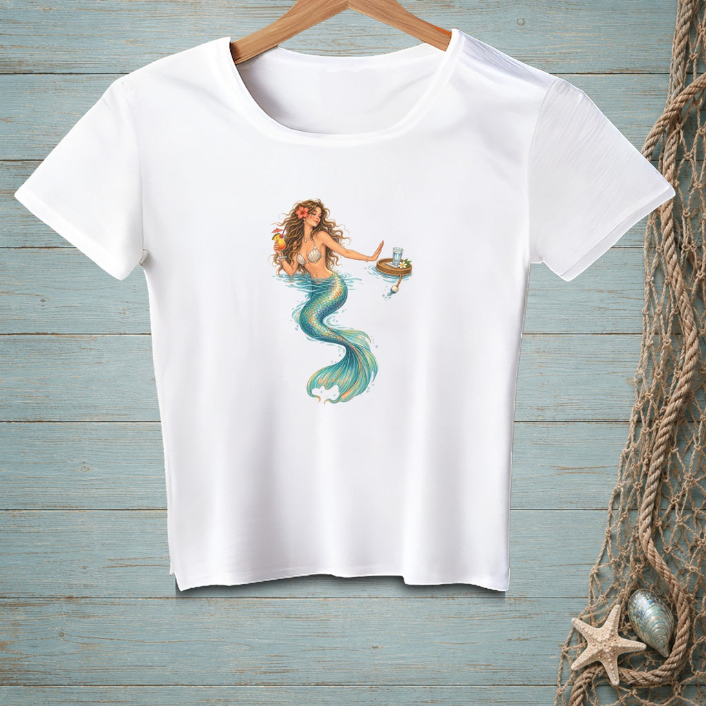 White t-shirt with a mermaid holding a drink and a tray.