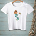 White t-shirt with a mermaid holding a drink and a tray.