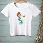 White t-shirt with a mermaid holding a drink and a tray.