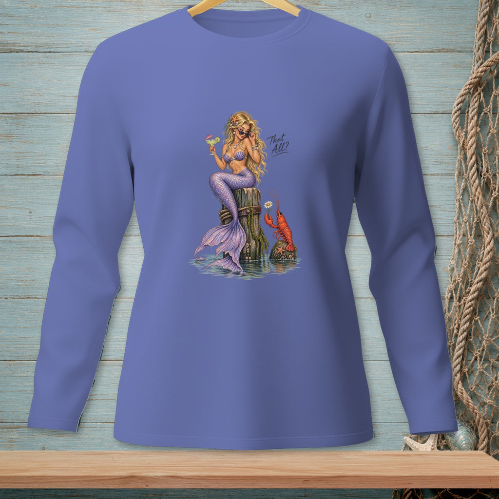 Mermaid holding a cocktail with lobster on a post, text "That All?"