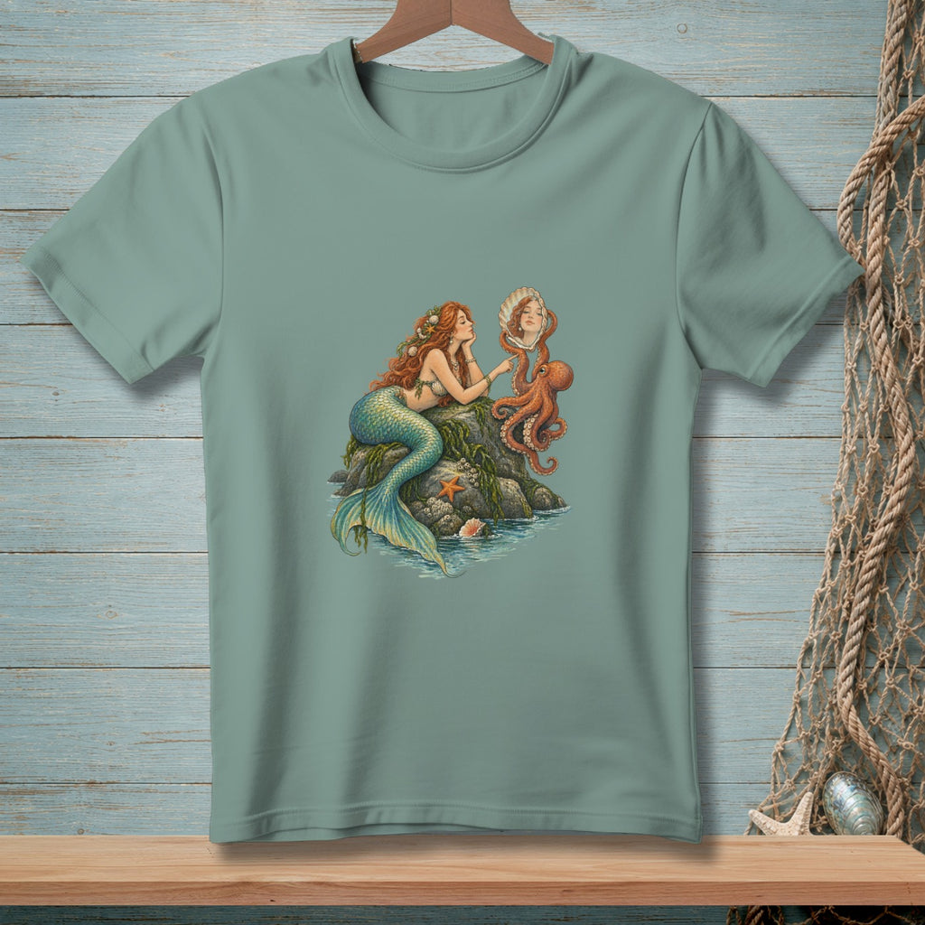Mermaid and octopus looking at a shell with a face reflected.