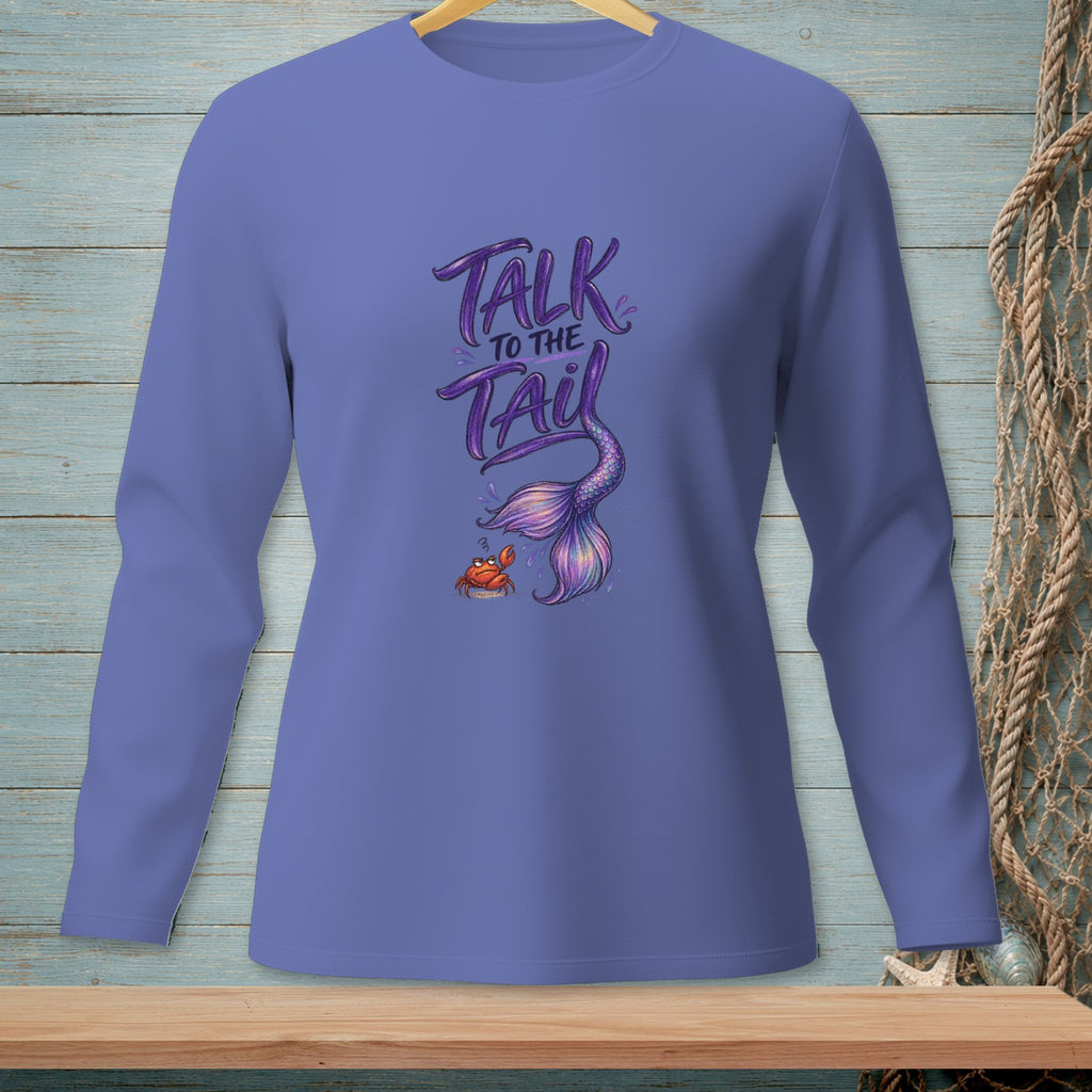 Purple long sleeve shirt with mermaid tail and crab graphic reading "Talk to the Tail."