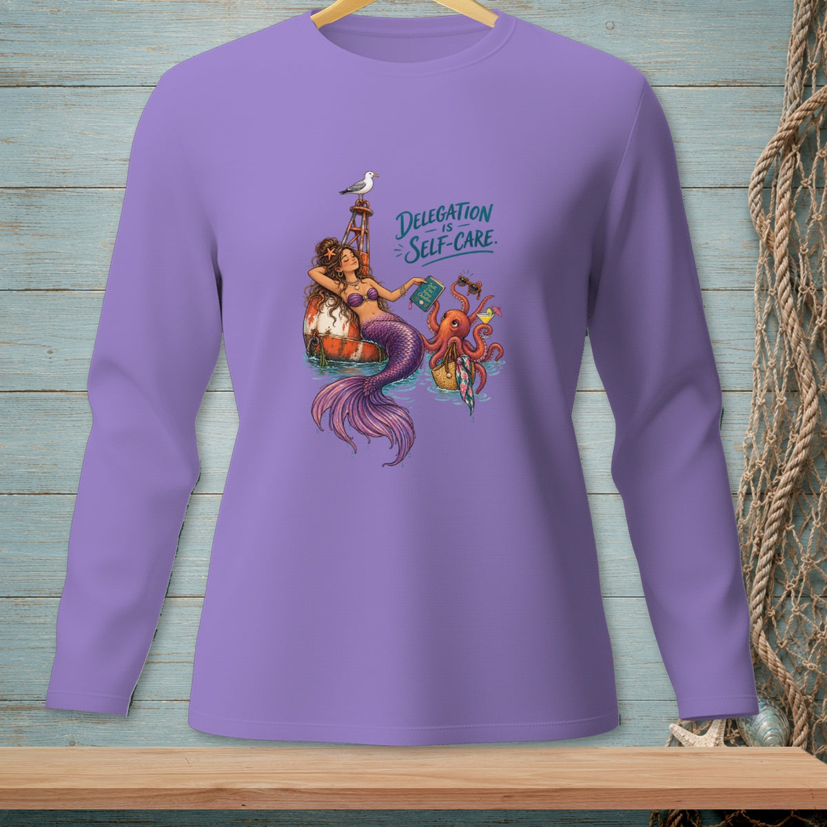 Mermaid relaxing on a buoy with an octopus, and text "Delegation is Self-Care".