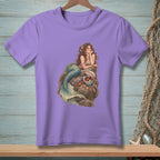 Purple t-shirt with illustration of a mermaid sitting on a rock with seashells.