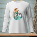 Mermaid sitting on dock pouring champagne for a dolphin in the ocean.