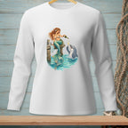 Mermaid sitting on dock pouring champagne for a dolphin in the ocean.