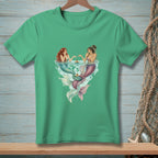 Two mermaids with colorful tails sharing cupcakes in the water.