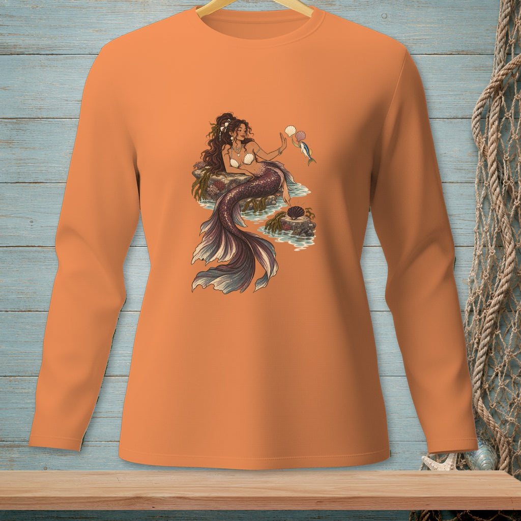 Orange long-sleeve shirt featuring a mermaid sitting on rocks with a fish.