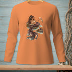 Orange long-sleeve shirt featuring a mermaid sitting on rocks with a fish.