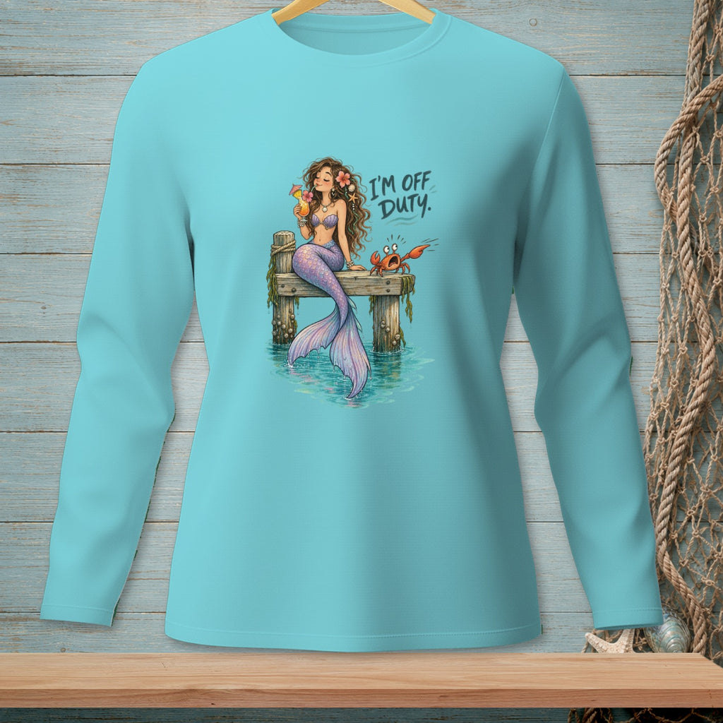 Mermaid with cocktail and crab on dock, text "I'M OFF DUTY."