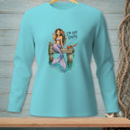 Mermaid with cocktail and crab on dock, text "I'M OFF DUTY."