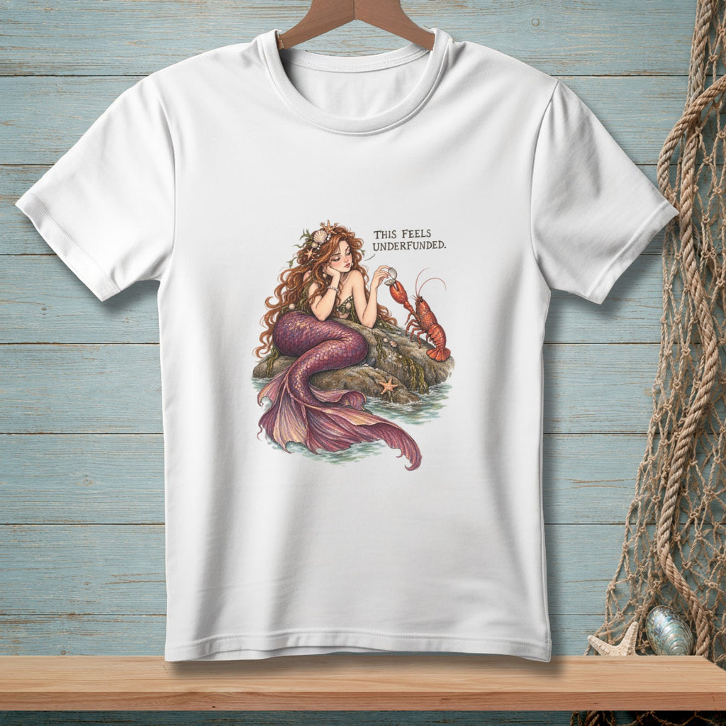 White t-shirt with a mermaid and lobster graphic that reads "This Feels Underfunded."