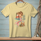 Mermaid and crab illustration on a light yellow t-shirt with text.