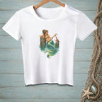 Mermaid sitting on dock post with a crab and a drink, on a white t-shirt.