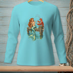 Long-sleeve shirt featuring a mermaid and lobster on a pier illustration.