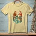 Mermaid holding pearl and lobster presenting pearls on wooden pier over water.