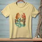 Mermaid holding pearl and lobster presenting pearls on wooden pier over water.