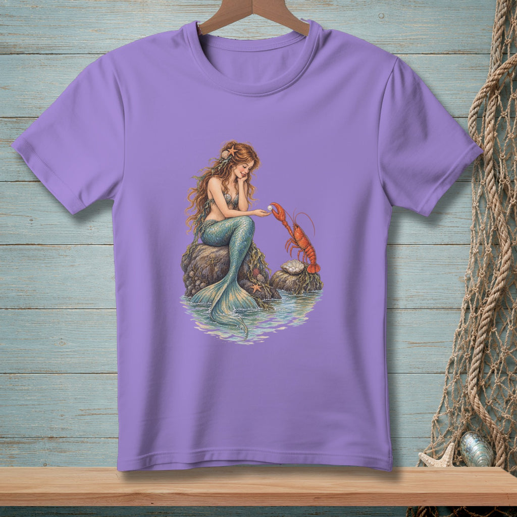 Purple t-shirt with illustration of a mermaid and lobster on rocks.