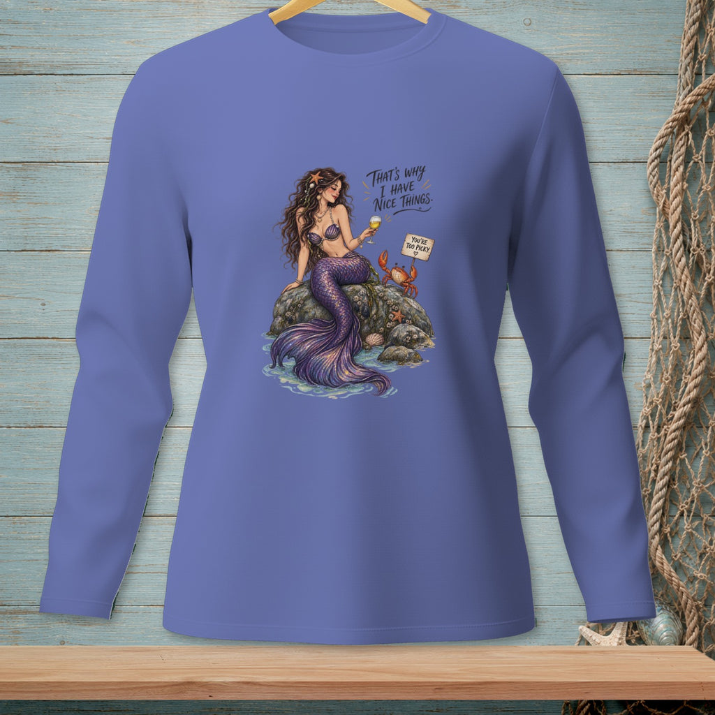 Mermaid with drink and crab, text "That's why I have nice things. You're too picky."