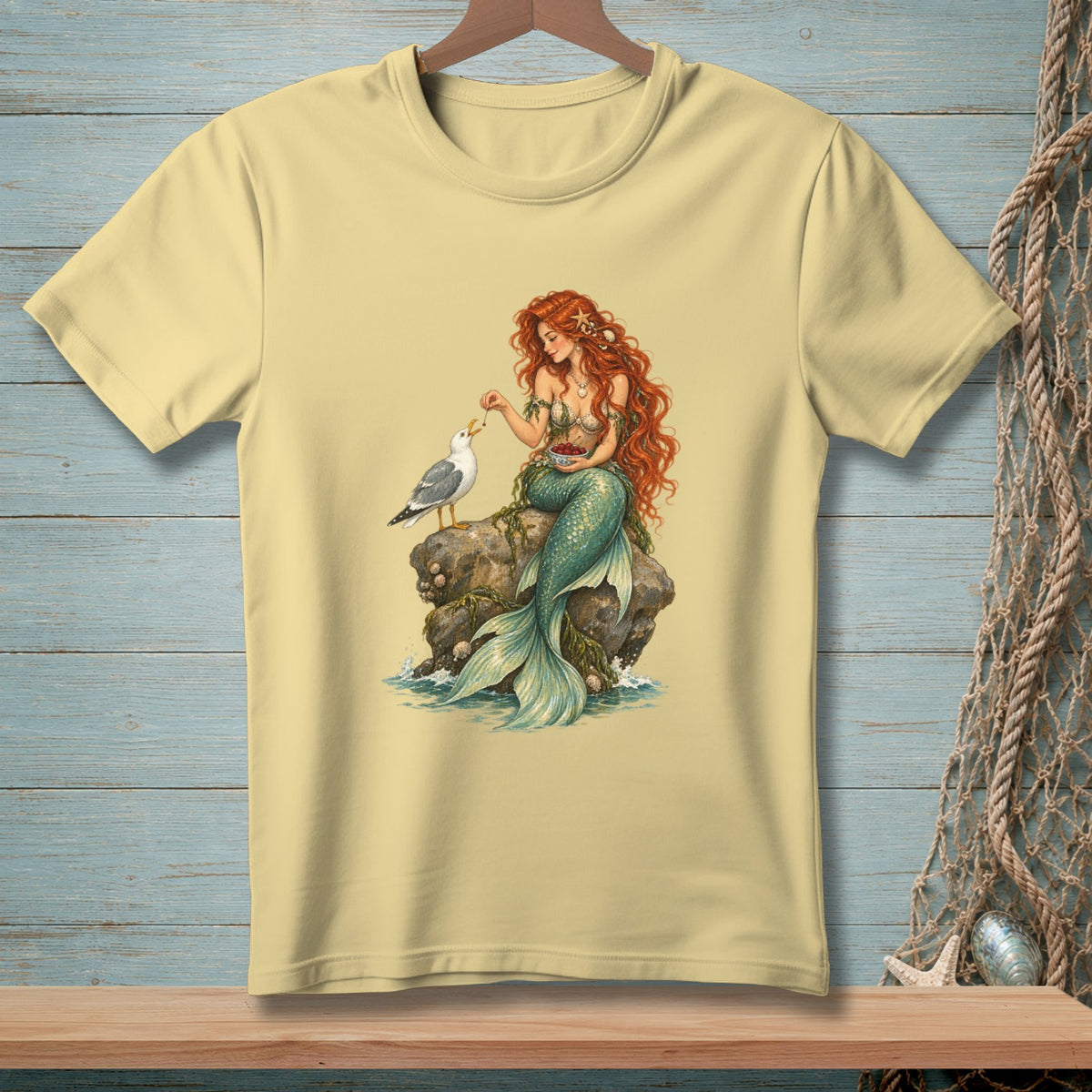 Yellow t-shirt with illustration of a mermaid feeding a seagull on a rock.