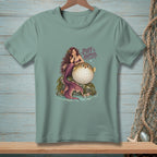 Mermaid with pufferfish and text "PUFF HAPPENS" on a teal t-shirt.