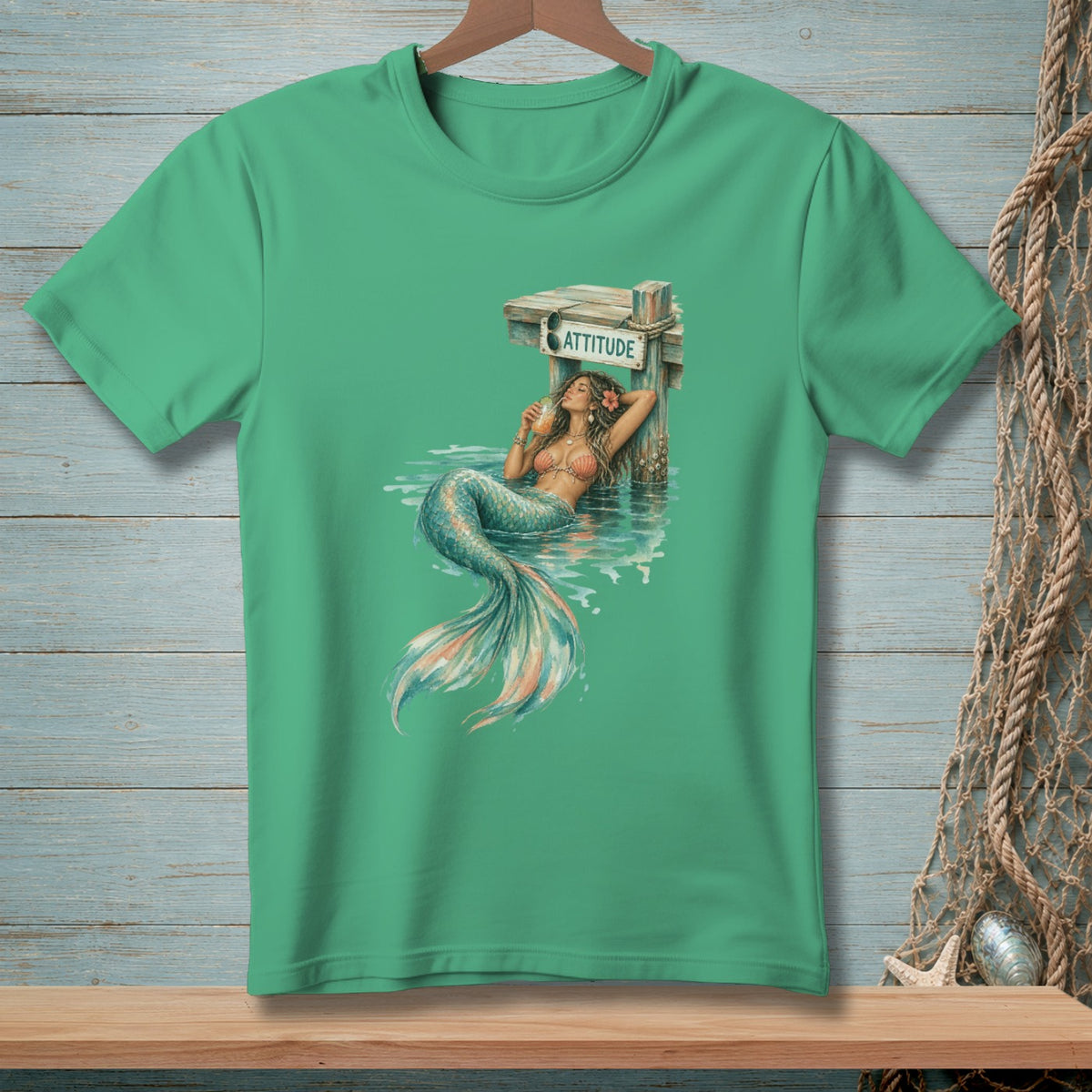 Mermaid with a drink leans against a post with the word "ATTITUDE".